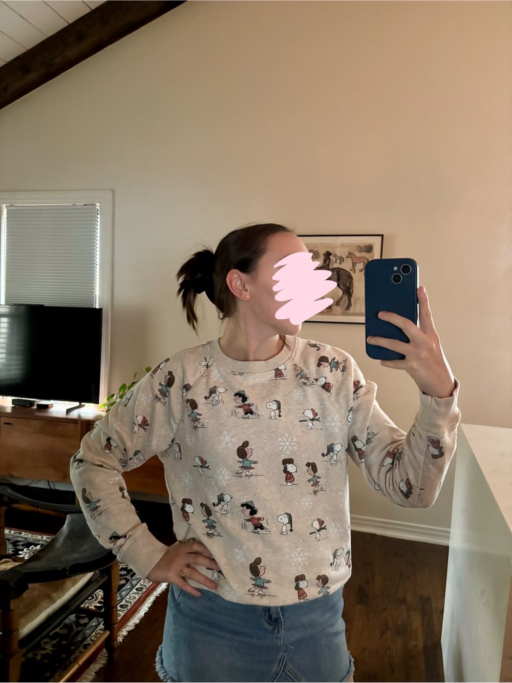 Peanuts Beige Crewneck Sweater with Snoopy & Friends